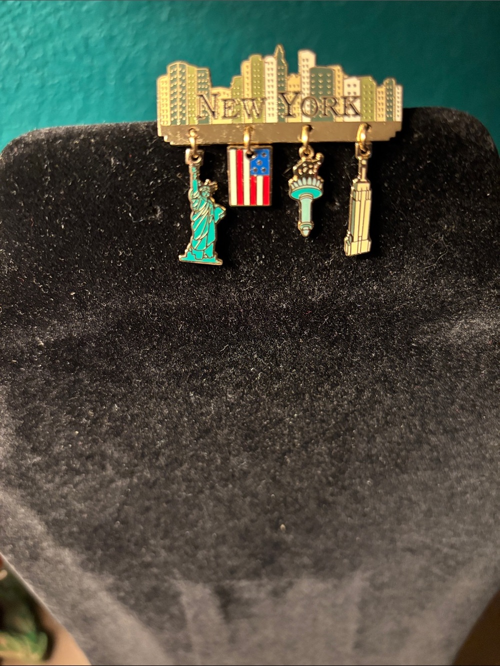 New York Skyline Dangle Pin with Statue of Liberty and Icons - Gold & Teal